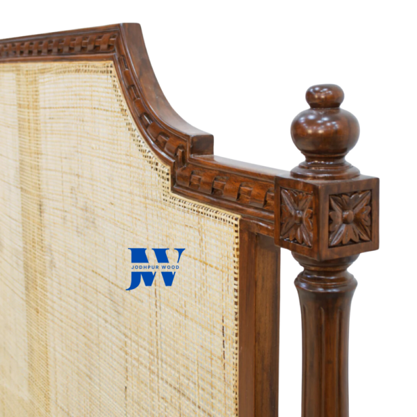 Close-up of Aaranya Cane Sheesham Wood Bed showing hand-woven cane headboard texture and detailed Sheesham wood finish
