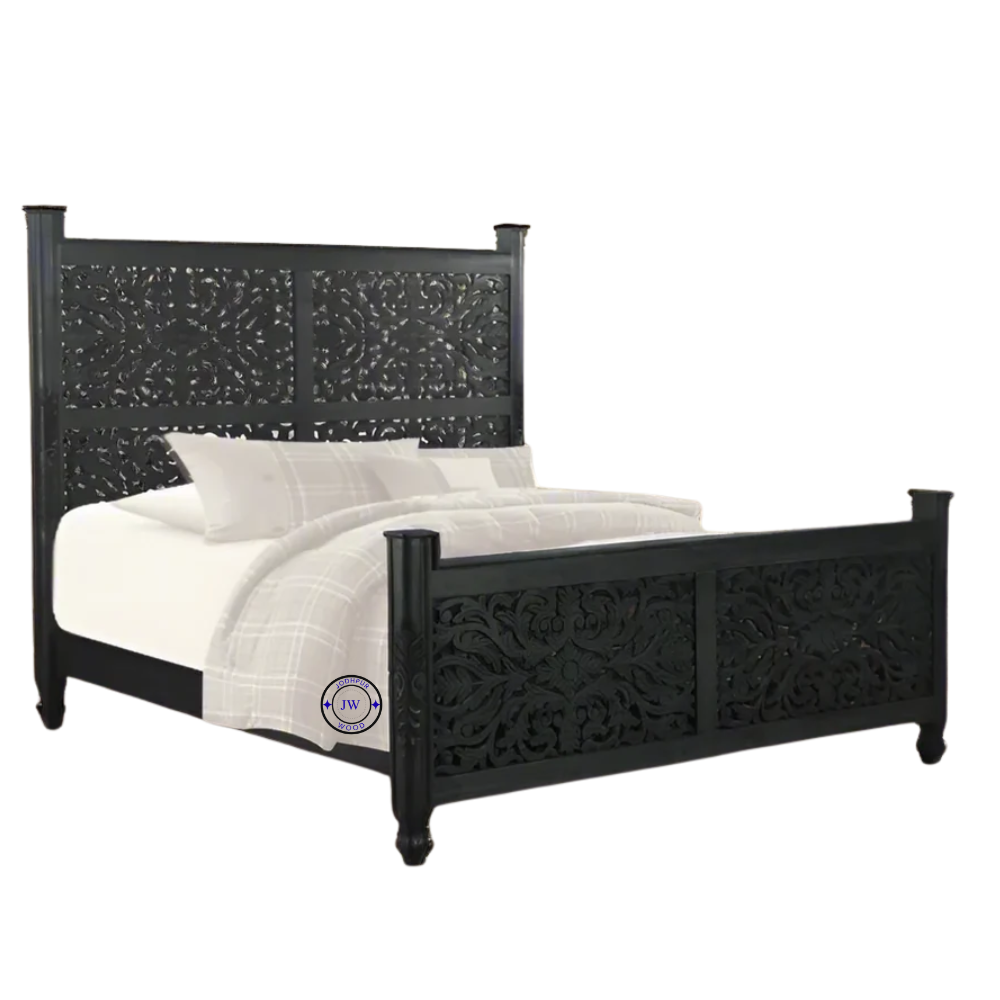 Prem Solid Mango Wood King Size Bed with Mattress – Hand Carved Headboard in Black Finish