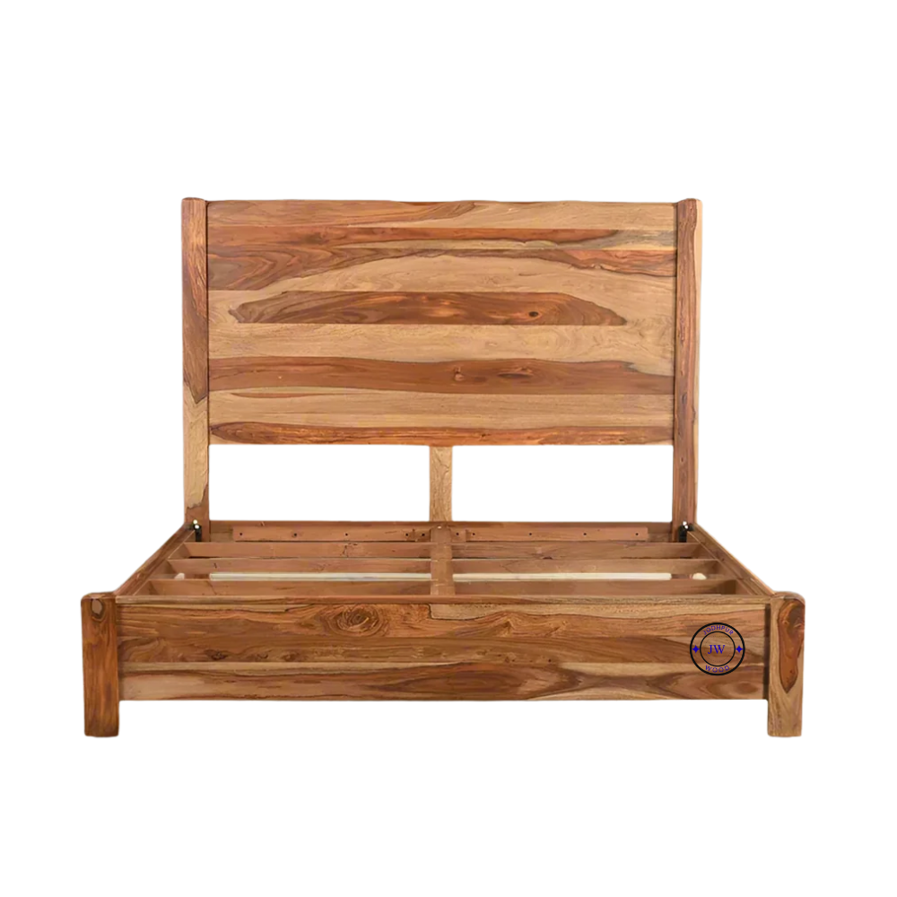 Solid Sheesham Wood Designer Bed Without Storage – Front View, Natural Finish, Handcrafted in Jodhpur