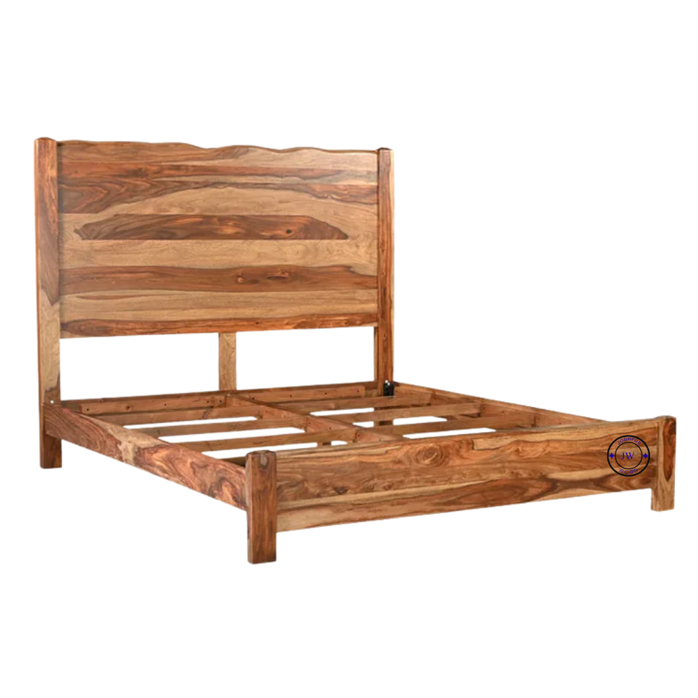 Designer Sheesham Wood Bed – Angled 45 Degree View, Natural Finish Solid Wood Furniture