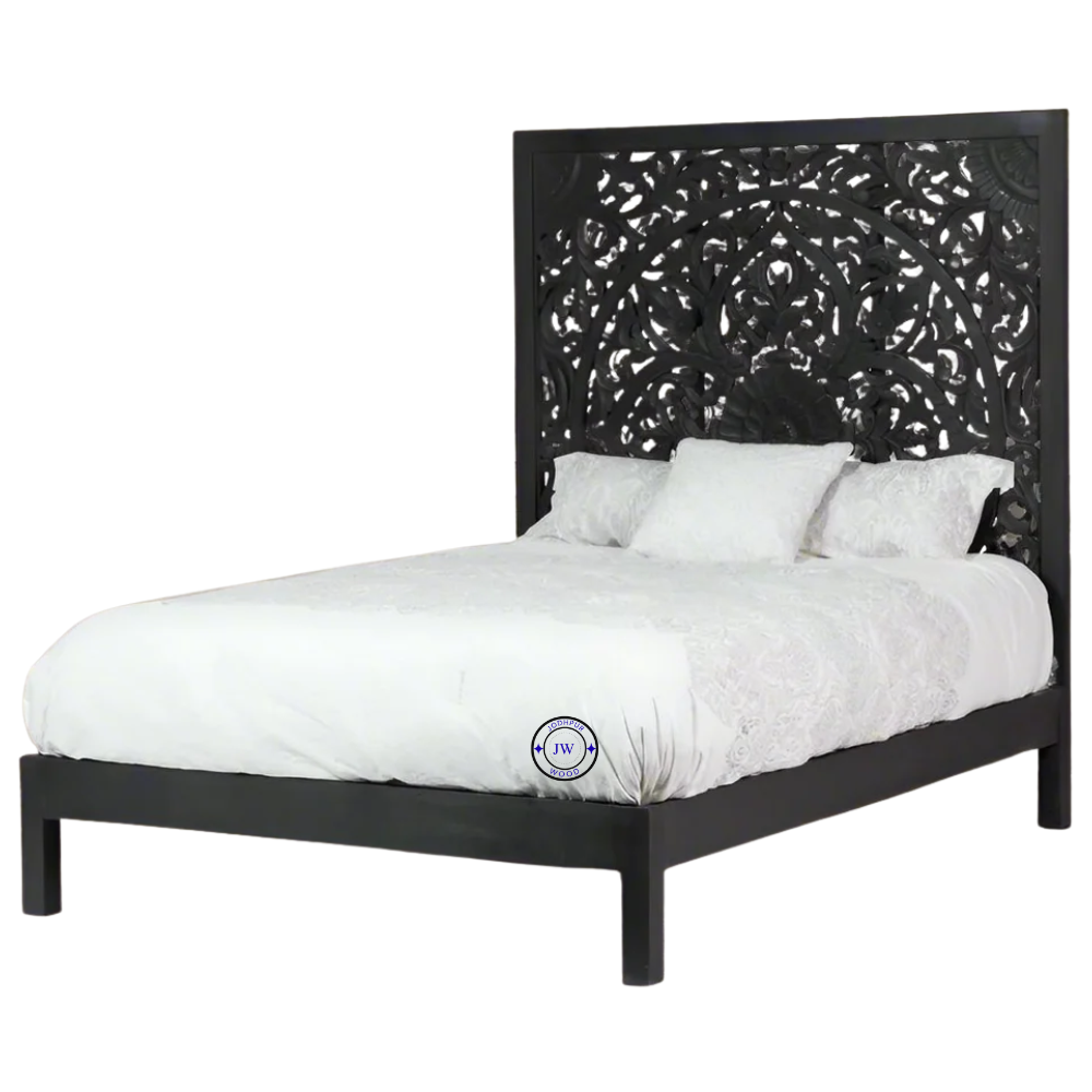 Handcrafted Mango Wood Designer Bed – Front View in Antique Black Finish
