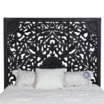Handcrafted Mango Wood Designer Bed – Close-Up of Carved Headboard in Antique Black Finish