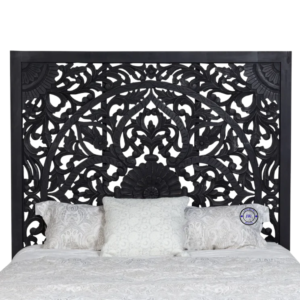 Handcrafted Mango Wood Designer Bed – Close-Up of Carved Headboard in Antique Black Finish