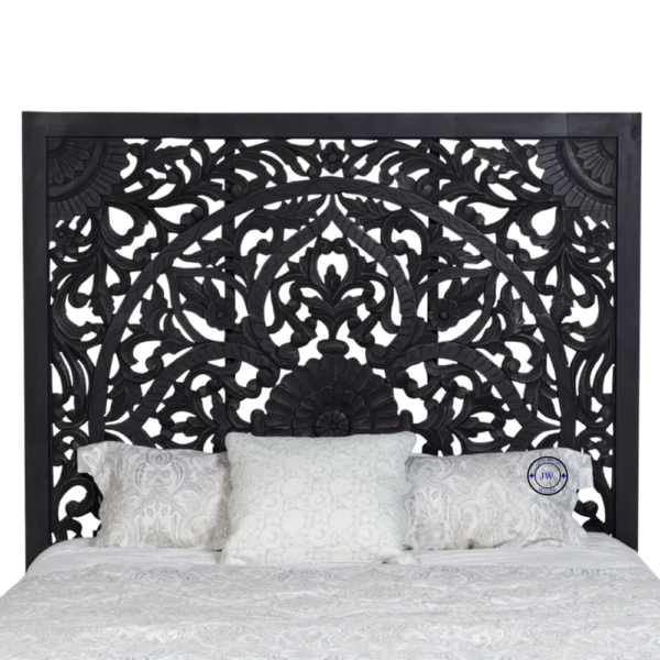 Handcrafted Mango Wood Designer Bed – Close-Up of Carved Headboard in Antique Black Finish