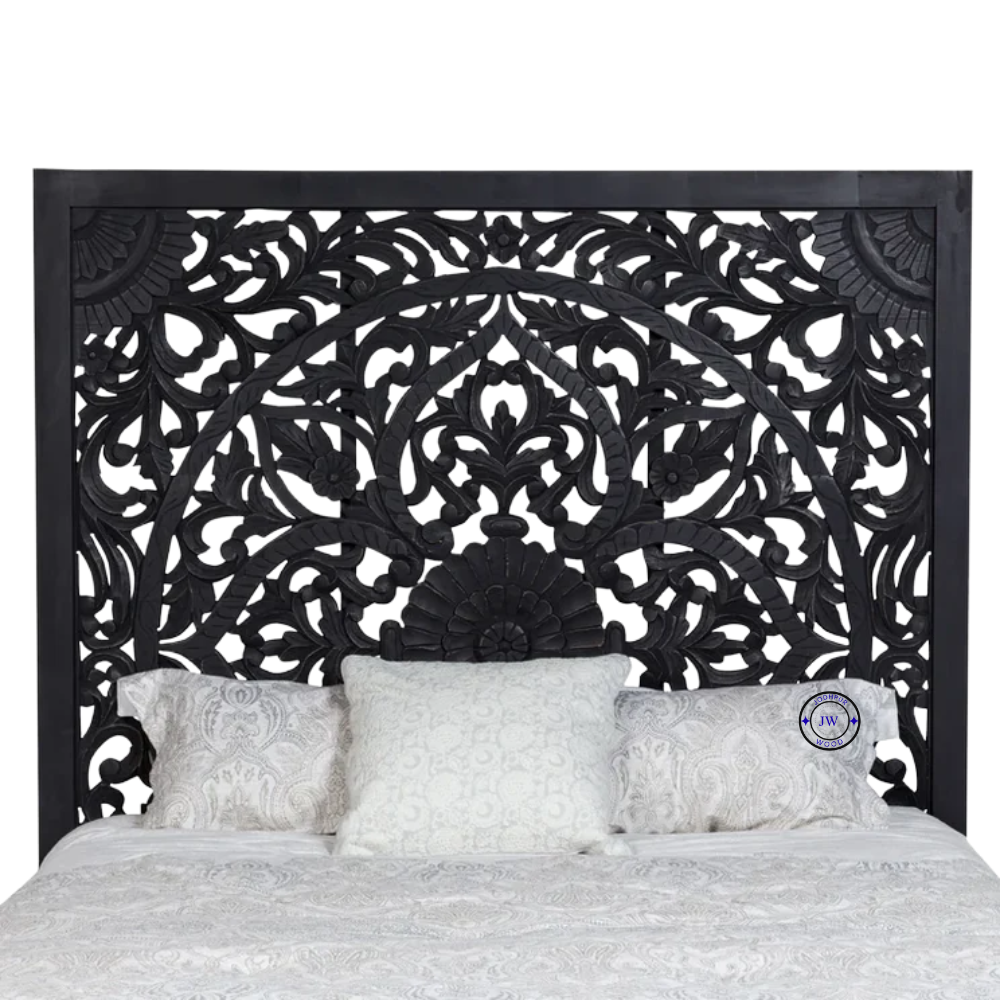 Handcrafted Mango Wood Designer Bed – Close-Up of Carved Headboard in Antique Black Finish