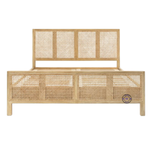 Front view of Stacy Cane Mango Wood Bed Frame with hand-woven cane headboard and footboard handcrafted in India