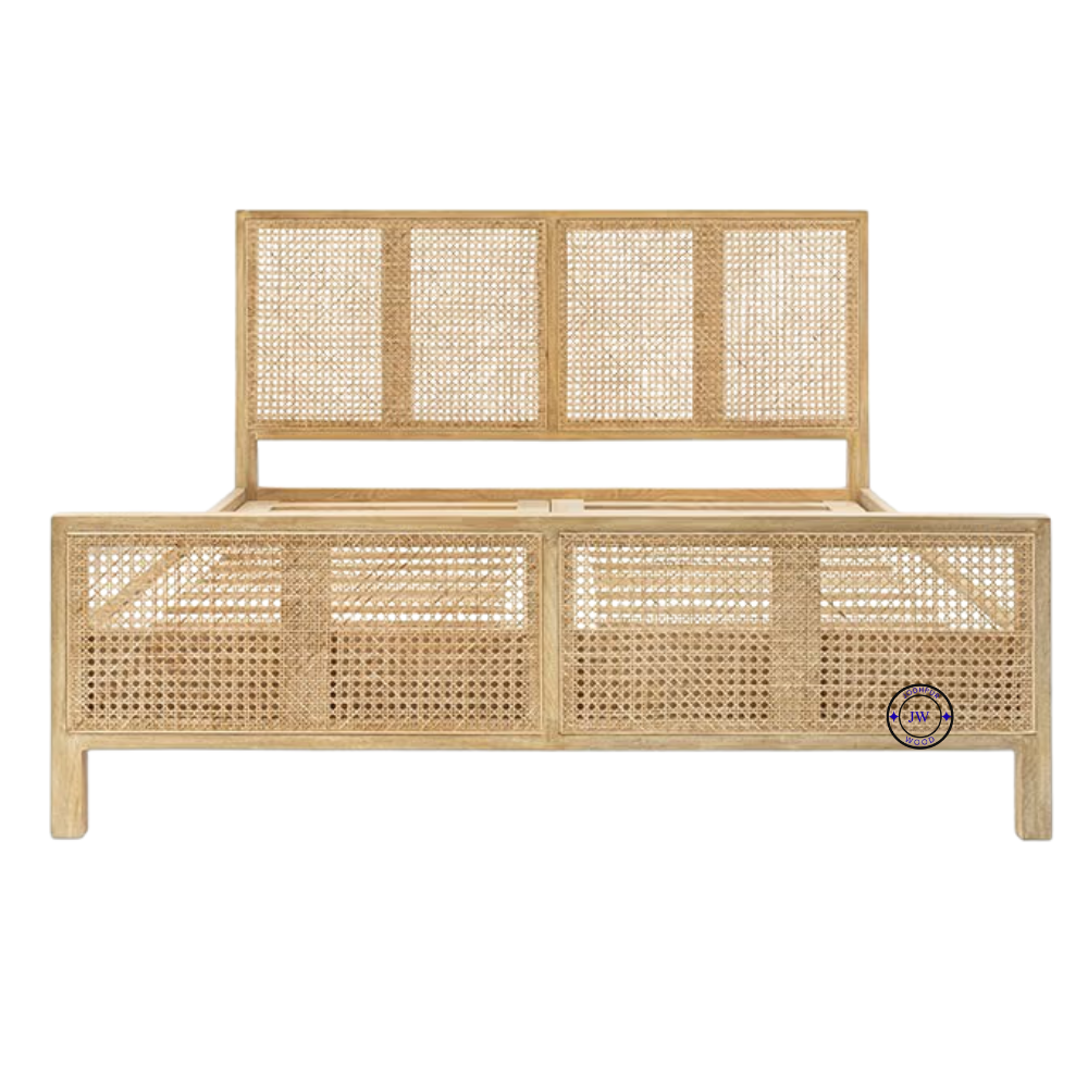 Front view of Stacy Cane Mango Wood Bed Frame with hand-woven cane headboard and footboard handcrafted in India