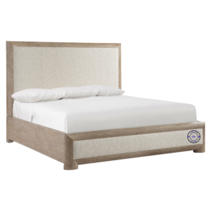 Side view of Neevi Panel King Bed showing upholstered headboard, low footboard, and Marcona wood finish
