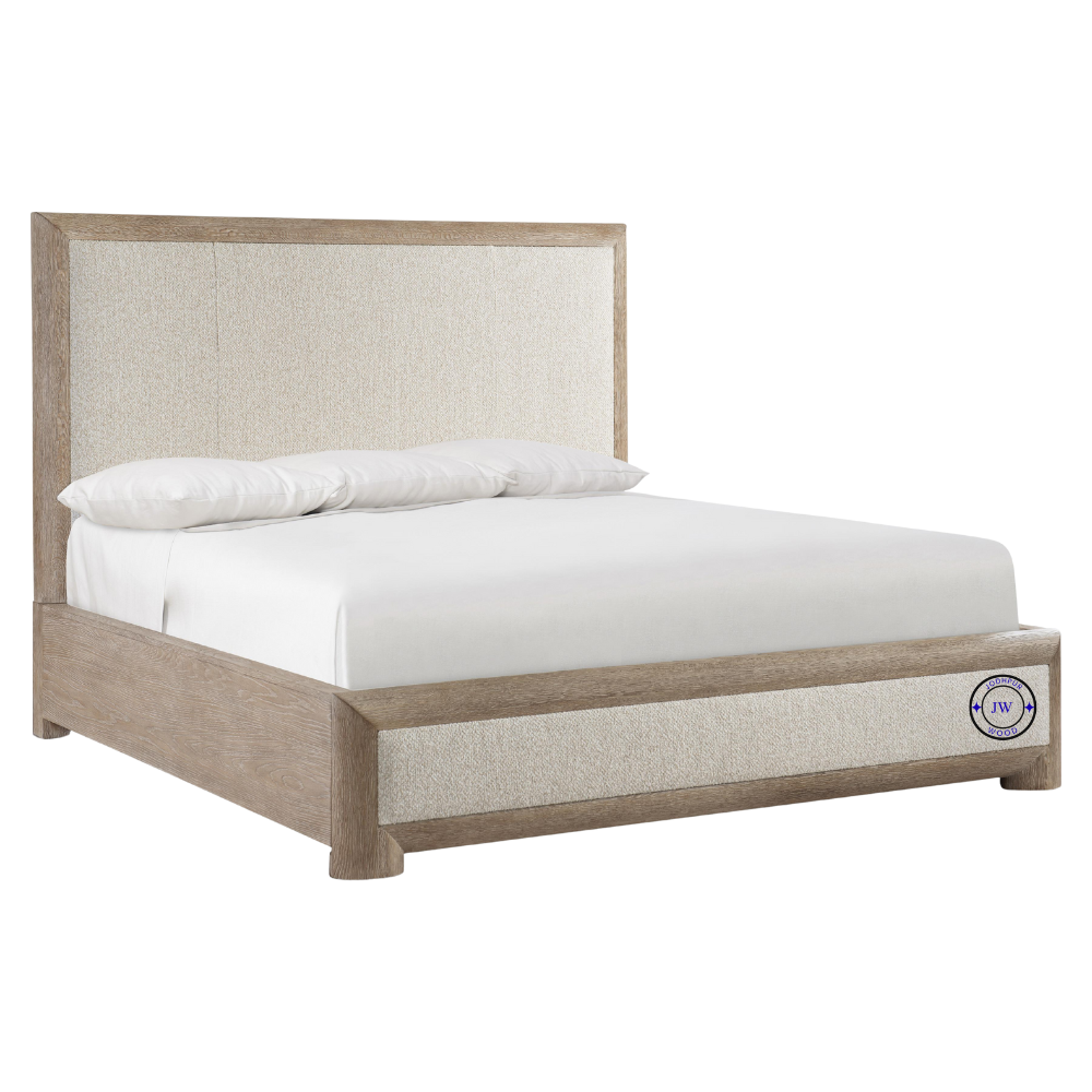 Side view of Neevi Panel King Bed showing upholstered headboard, low footboard, and Marcona wood finish