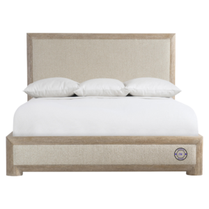 Front view of Neevi Panel King Bed with upholstered headboard panels and Marcona wood finish, handcrafted for modern bedrooms