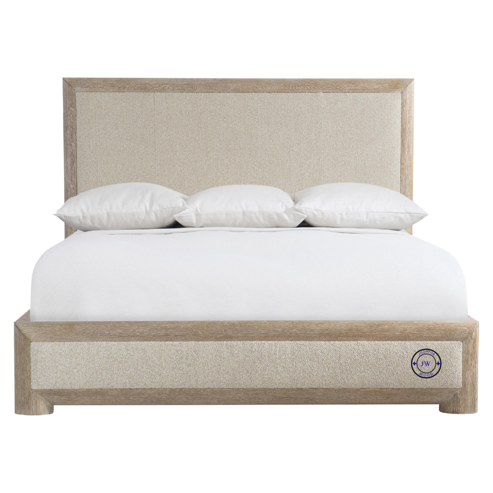 Front view of Neevi Panel King Bed with upholstered headboard panels and Marcona wood finish, handcrafted for modern bedrooms