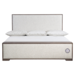 Front view of Prisha Panel King Bed with upholstered headboard and low footboard in Light Blacky Finish, handcrafted for modern Indian bedrooms