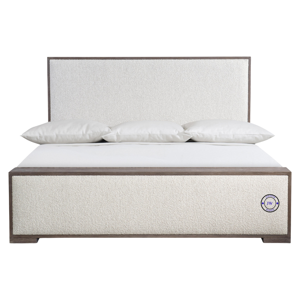 Front view of Prisha Panel King Bed with upholstered headboard and low footboard in Light Blacky Finish, handcrafted for modern Indian bedrooms