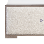 Close-up of Prisha Panel King Bed showing detailed upholstered panels and Light Blacky Finish on wooden frame