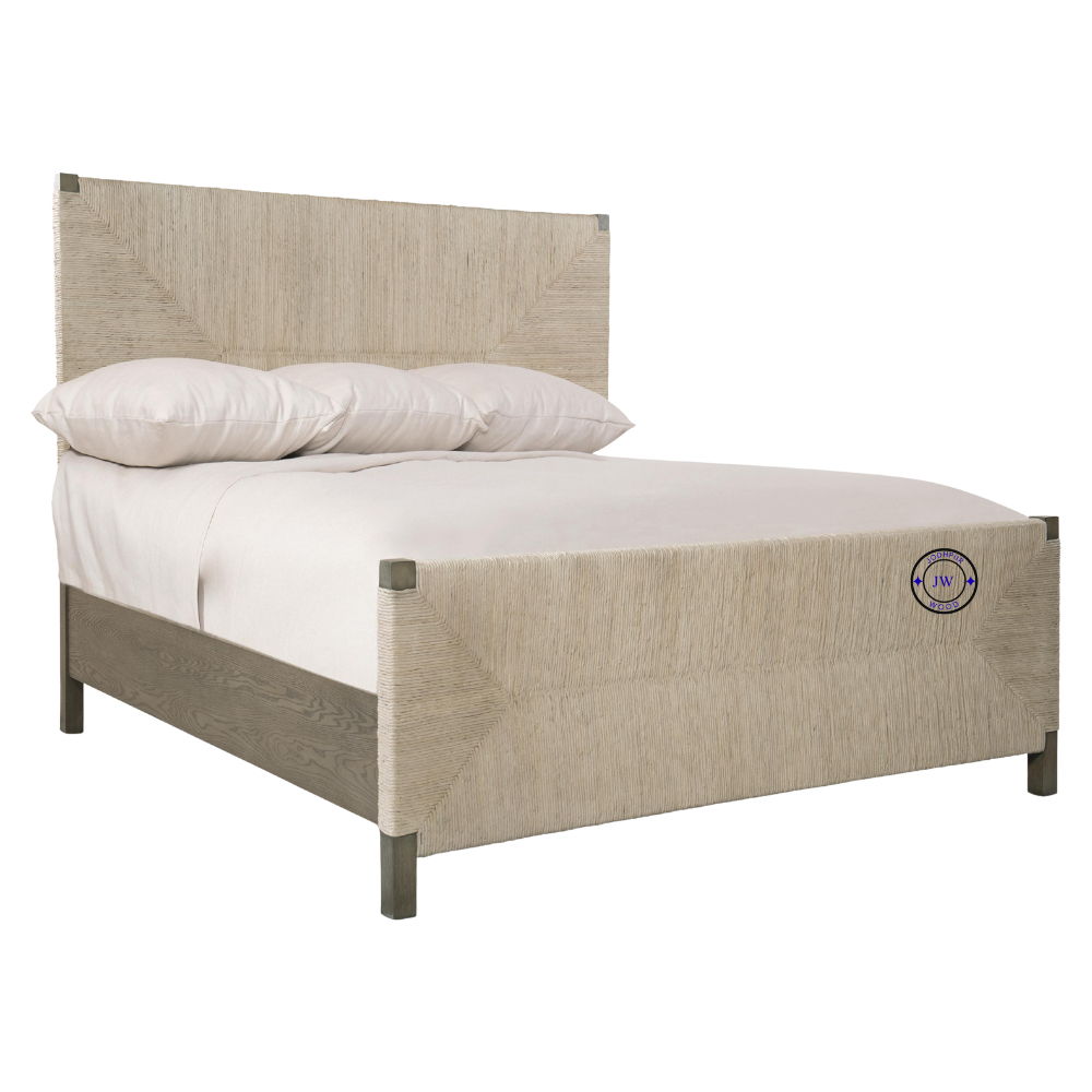 Side view of Alia Panel King Bed showing Rustic Grey oak frame and exposed side rails with woven abaca panels