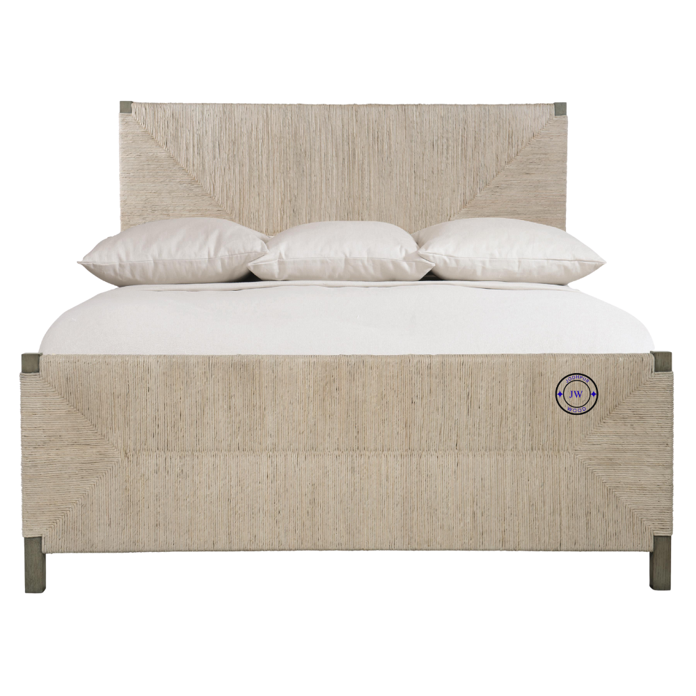 Front view of Alia Panel King Bed with woven abaca panels and Rustic Grey oak frame, handcrafted for modern Indian bedrooms