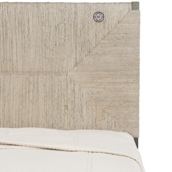 Close-up of Alia Panel King Bed showing detailed woven abaca panels and Rustic Grey oak wood texture