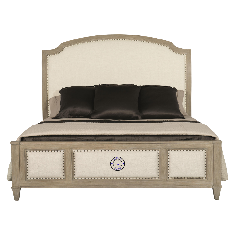 Front view of Banjara Hill Panel Bed King Size made from solid oak wood in neutral Earth finish with upholstered headboard and nailhead trim.