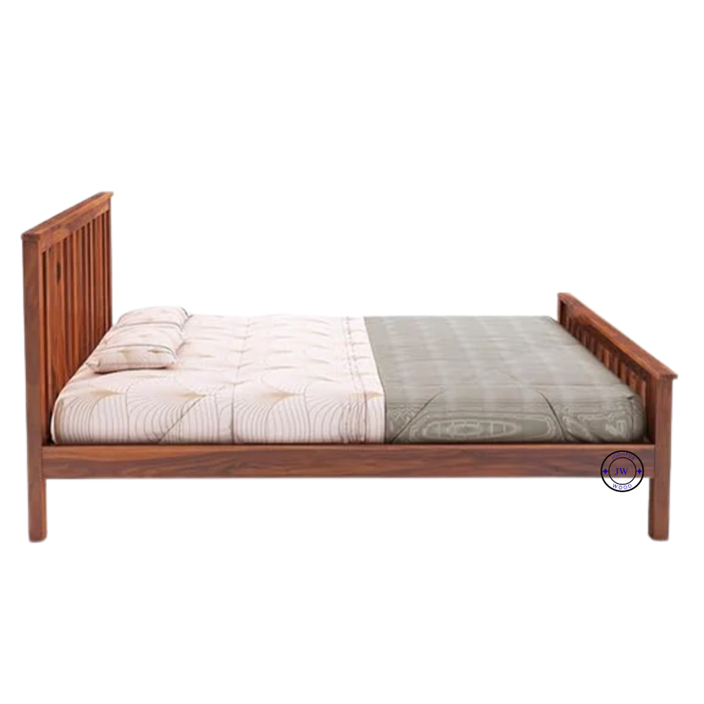 Wooden Bed in Solid Sheesham Wood – Side View, Honey Finish, Modern Solid Wood Bed Frame for Bedroom in India