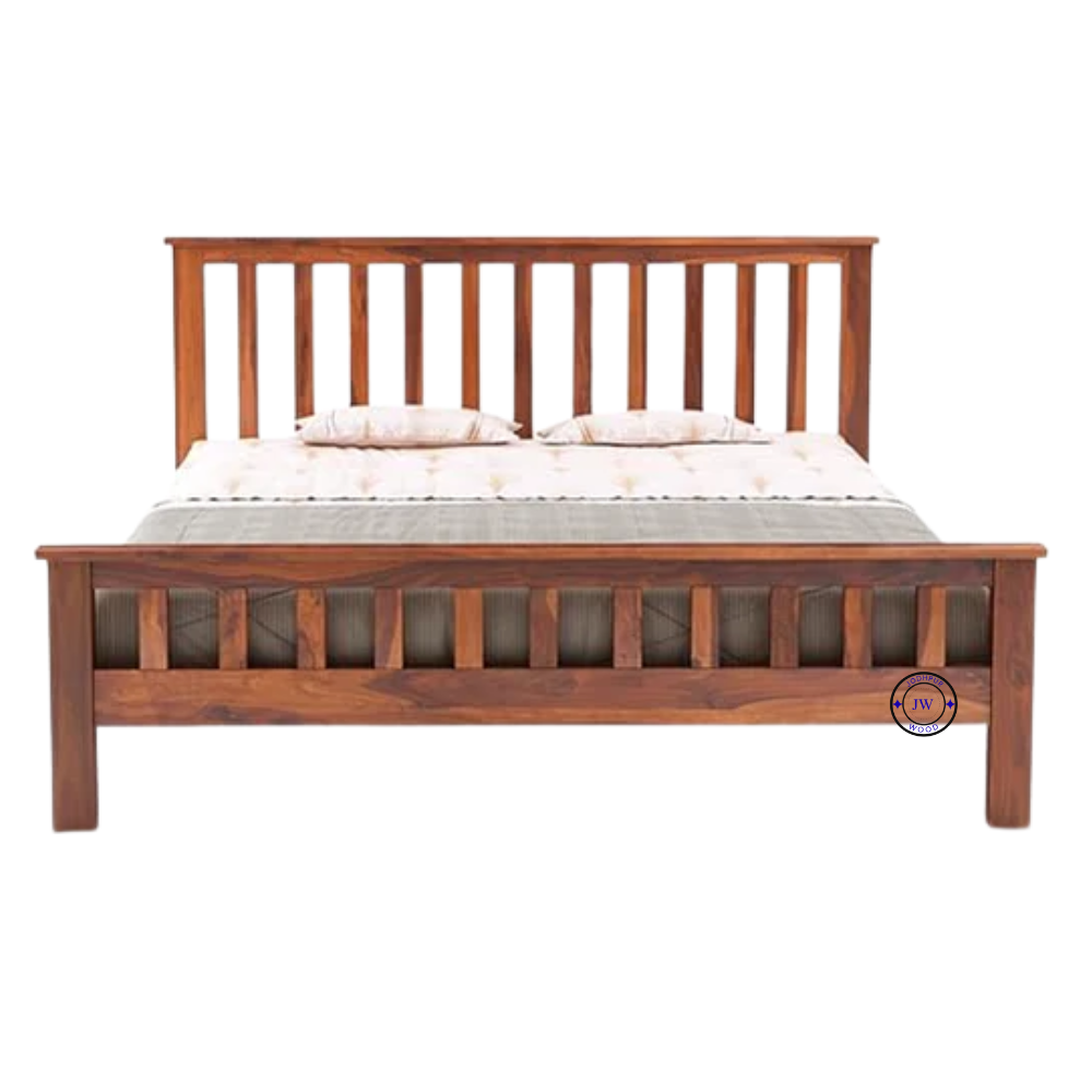 Wooden Bed in Solid Sheesham Wood – Full Front View, Honey Finish, Modern Bedroom Furniture in India