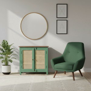 Jodhpur Wood Olyra Solid Wood Cabinet in Olive Green – Lifestyle Front View | Designer Wooden Furniture