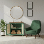 Jodhpur Wood Olyra Solid Wood Cabinet in Olive Green – Lifestyle Open Doors View | Solid Wood Storage Furniture India