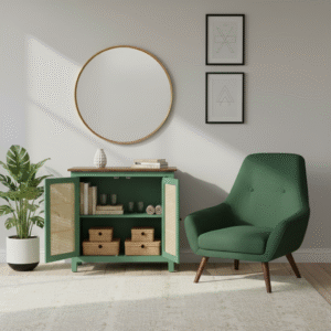 Jodhpur Wood Olyra Solid Wood Cabinet in Olive Green – Lifestyle Open Doors View | Solid Wood Storage Furniture India