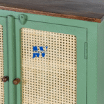 Jodhpur Wood Olyra Solid Wood Cabinet in Olive Green – Close-up Detailing | Handcrafted Wooden Furniture