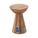 Front view of Jodhpur Handcrafted Round Wood Ridged Drum End Table, solid mango wood side table with natural finish and ridged design