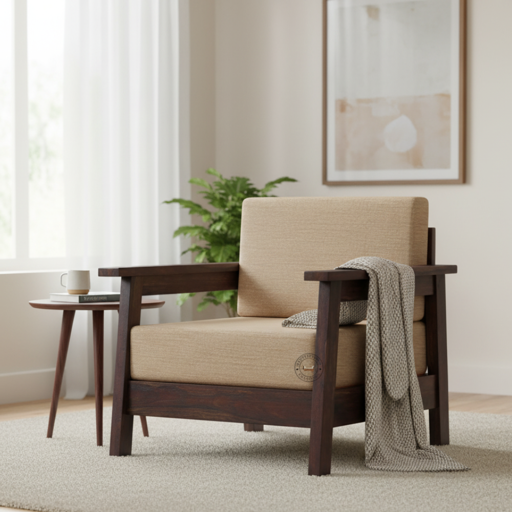 Lifestyle Side View – Naina Sheesham Wood Sofa Naina Premium Sheesham Wood 1 Seater Sofa side view in living room setup