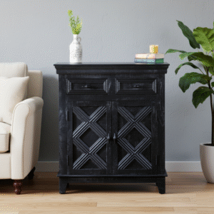 Niya Solid Wood Cabinet with 2 Doors – Styled in Living Room Interior Front View