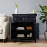 Niya Solid Wood Cabinet with 2 Doors – Open Doors Lifestyle View in Living Room