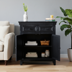 Niya Solid Wood Cabinet with 2 Doors – Open Doors Lifestyle View in Living Room