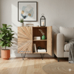 Premium Designer Mango Wood Cabinet – One Door Open Lifestyle View | Solid Wood Storage Cabinet India