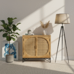 Rajshree Cane Two-Door Wooden Cabinet – Lifestyle Front View | Designer Wooden Furniture India