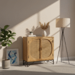 Rajshree Cane Two-Door Wooden Cabinet – Lifestyle Side View | Solid Wood and Cane Storage Cabinet India