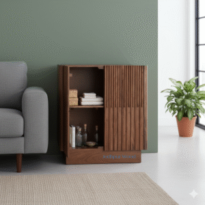 Stephanie Wooden Cabinet with 2 Designer Doors – One Door Open Lifestyle View | Solid Acacia Wood Furniture India