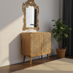 Aanya Hand Woven Cane Cabinet – Wooden, side view styled in a modern living room interior