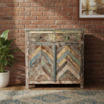 Elara Reclaimed Wood Cabinet styled in living room – Rustic Finish Front View
