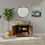 Elara Reclaimed Wood Cabinet in Rustic Finish – Lifestyle Image with Open Doors