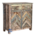 Side view of Elara Reclaimed Wood Cabinet – Rustic Finish with Two Drawers and Two Doors