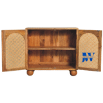 Karigar Nordic Cane Cabinet – Jodhpur Craft Collection, open doors showing spacious wooden shelves and handwoven cane front panels