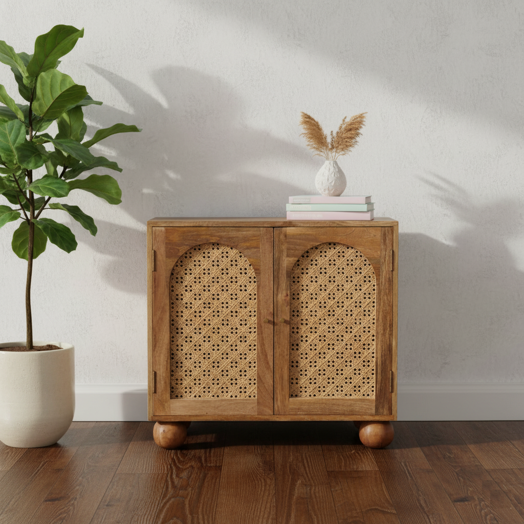 Karigar Nordic Cane Cabinet – Lifestyle Front View | Handcrafted Jodhpur Furniture Karigar Nordic Cane Cabinet – Jodhpur Craft Collection styled in a modern living room interior