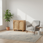 Side view of Karigar Nordic Cane Cabinet – Jodhpur Craft Collection showing solid wooden frame and smooth natural finish