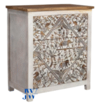 Side view of Kia Wooden Carved Chest of Drawer – White Distress Finish, Jodhpur Wood