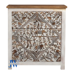 Kia Wooden Carved Chest of Drawer in White Distress Finish – Front View