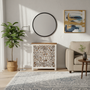 Kia Wooden Carved Chest of Drawer in Living Room – White Distress