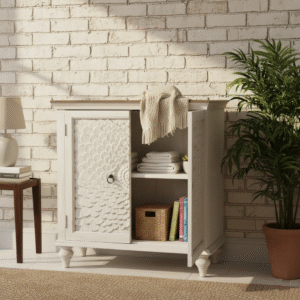 Side view of Meera Handcarved Lotus Cabinet – Vintage Finish