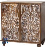 Close-up of handcarved doors on Mehira Wooden Cabinet – Distress Brown Finish