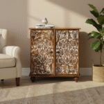 Mehira Handcrafted Wooden Cabinet styled in living room – Distress Brown Finish